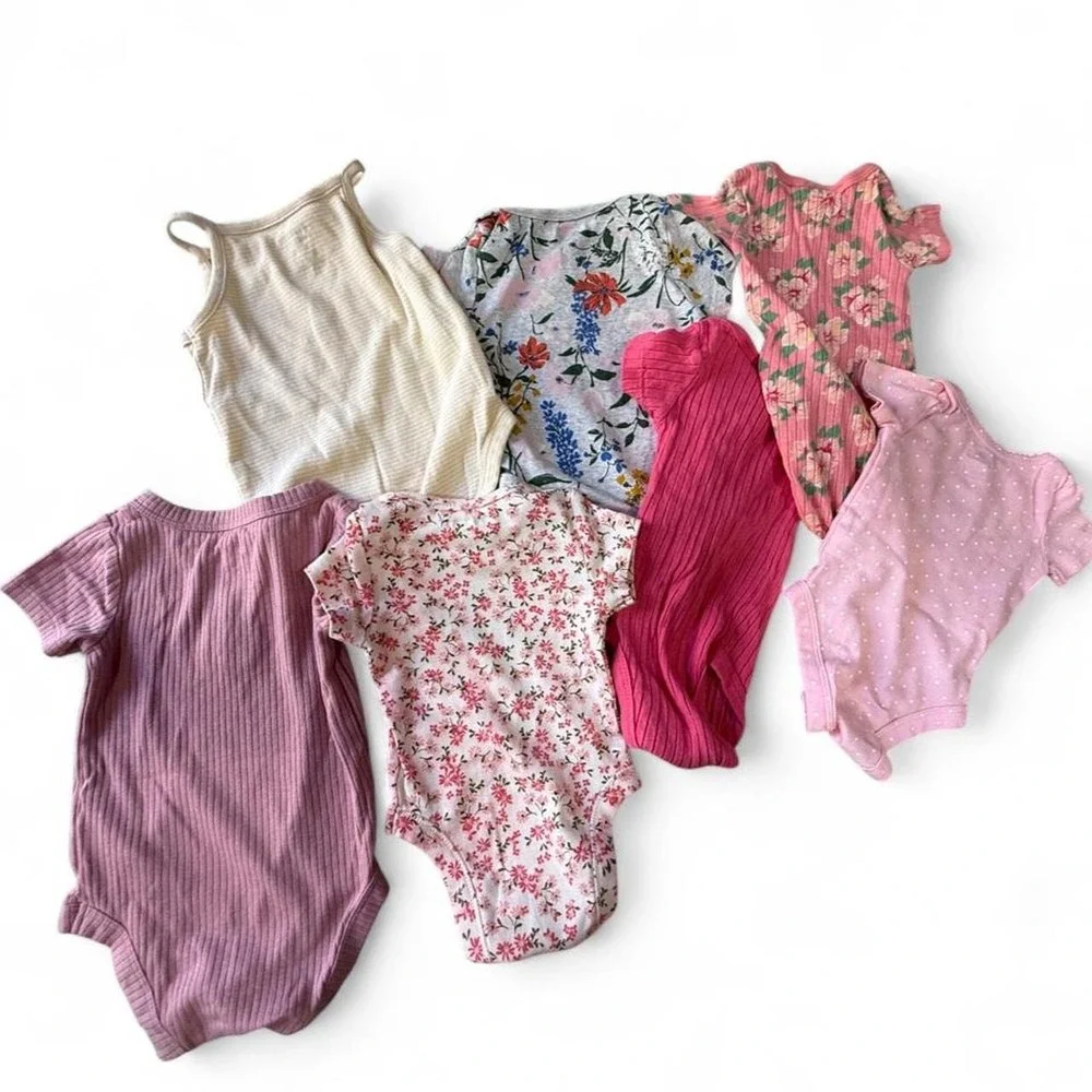 Baby Girl 0-3M Bodysuit Bundle 7 Pc Old Navy Carter's Floral Pink Onesies